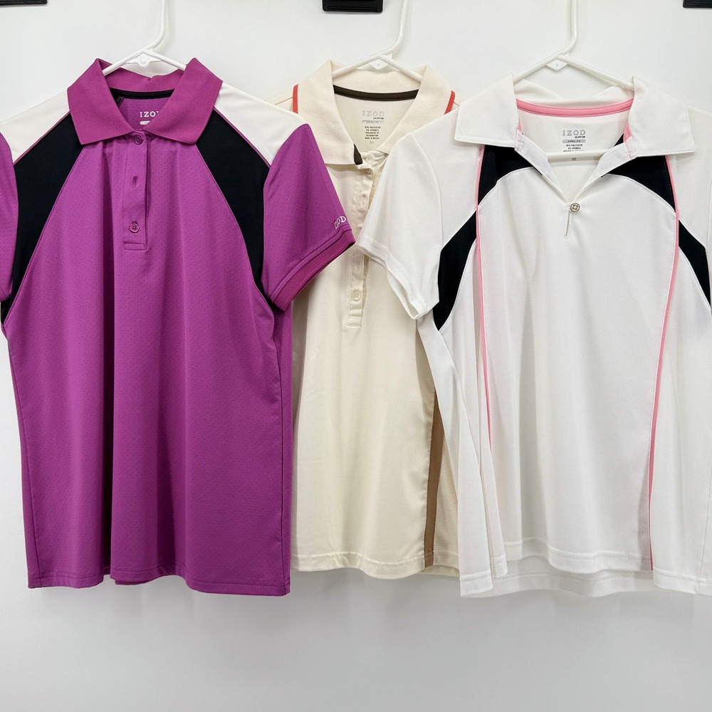 Lot of 3 IZOD XFG Womens Golf Polo Shirts Size Medium Purple White Cream Cool-FX